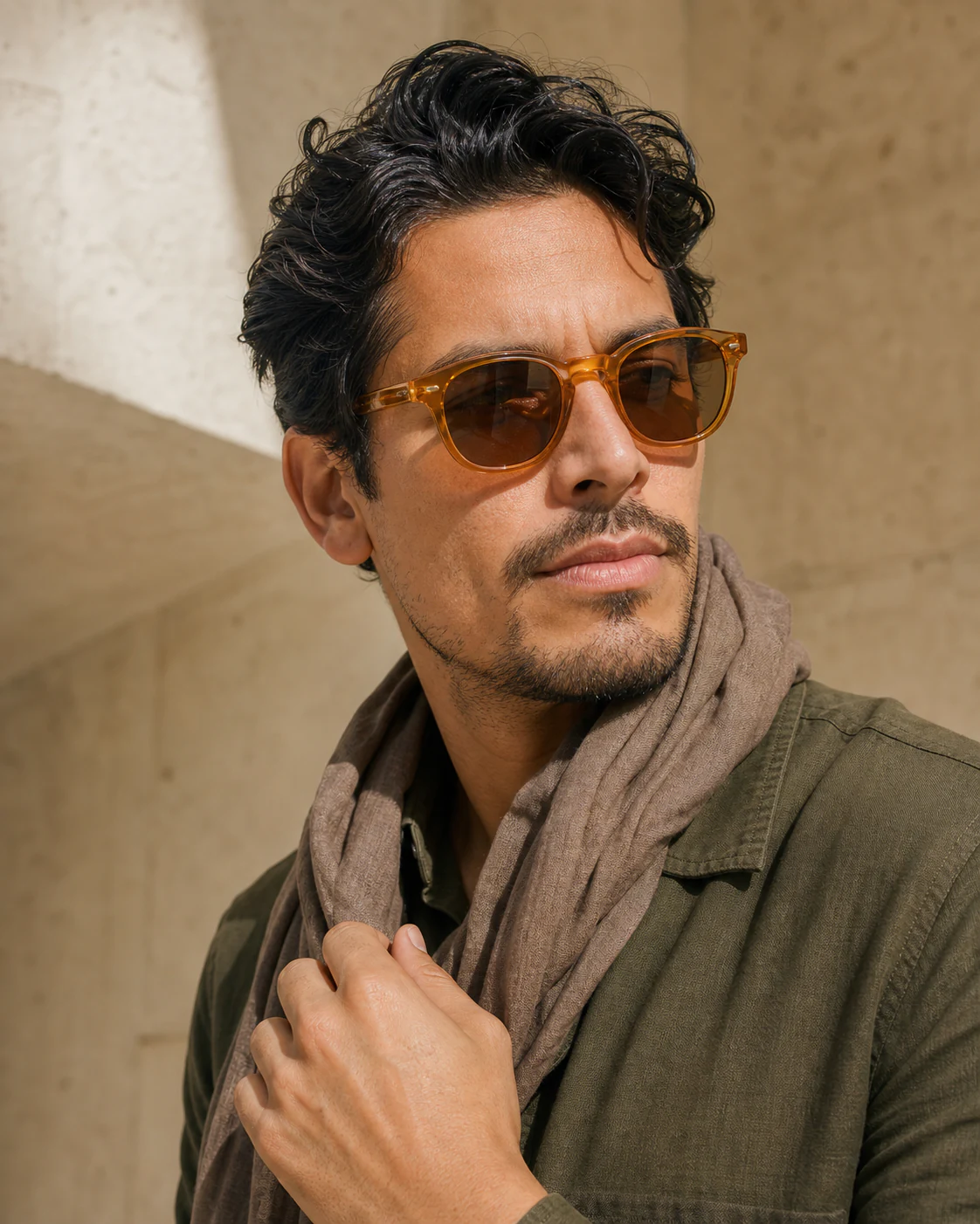 A shopper wearing amber sunglasses and a scarf
